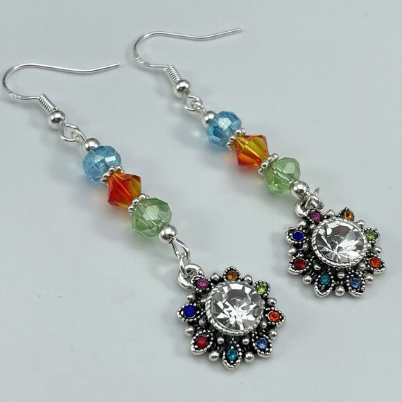 Sterling Silver Plated Multi Color Beaded Flower Rhinestone Dangle Earrings Boho - Picture 2 of 8